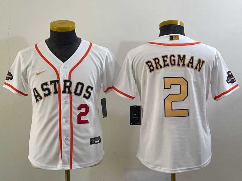 Youth Houston Astros #2 Alex Bregman Number 2023 White Gold World Serise Champions Patch Cool Base Stitched Jersey->mlb youth jerseys->MLB Jersey